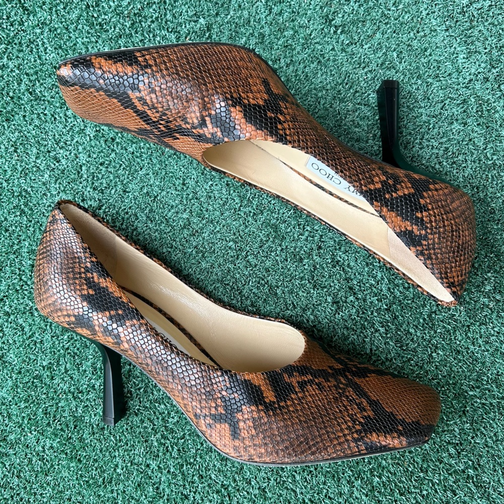 Jimmy Choo Marcela Snake Print Heel Leather Brown Black 39.5 - Picture 3 of 14